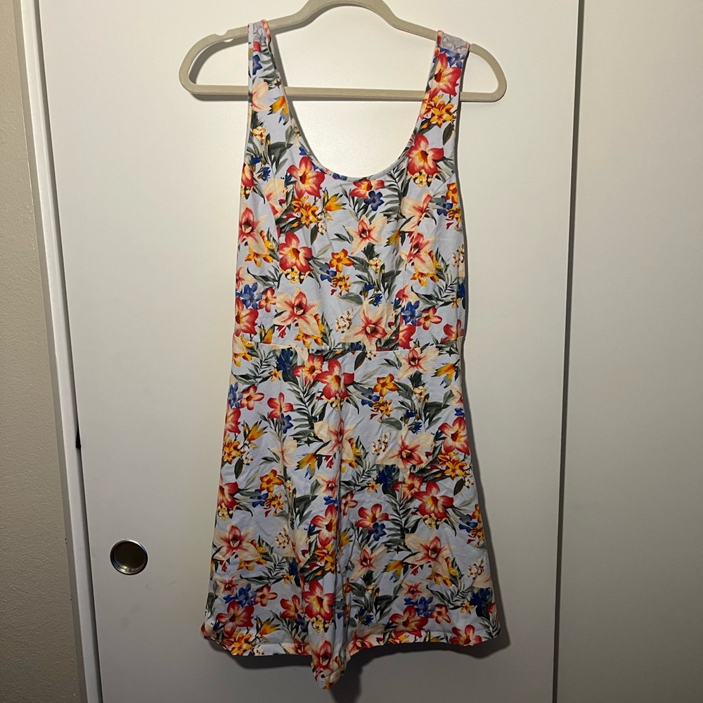 Floral Skater Style Sleeveless Dress with Sheer Blue Lace Back, Size 2X